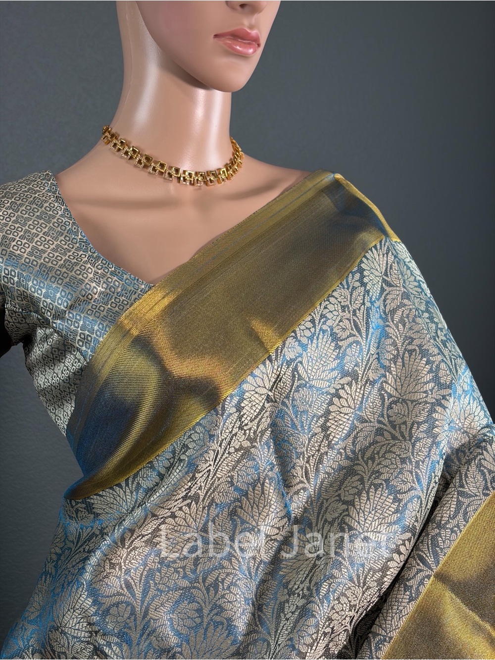 Blue and Gold Woven Saree with Floral Motif & stitched blouse (Brand New)